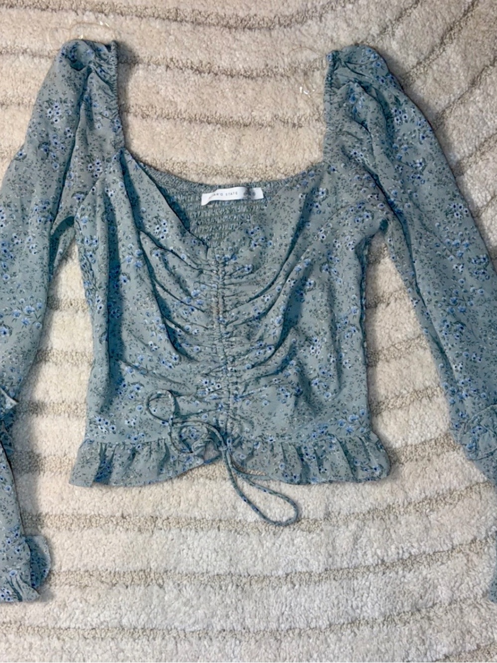 Altar'd State Sage Blue Floral Ruched Long-Sleeve Crop Top